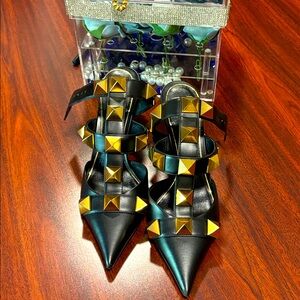 Valentino Garavani Black and Gold Studded Heels